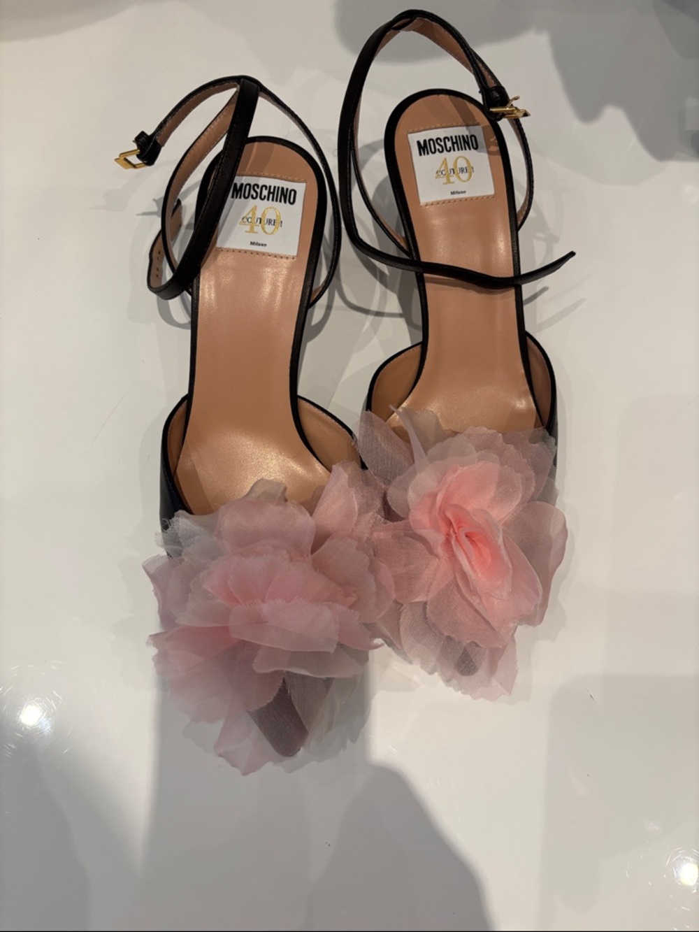 Moschino Black Sandal Heels with Pink Floral Appliqué